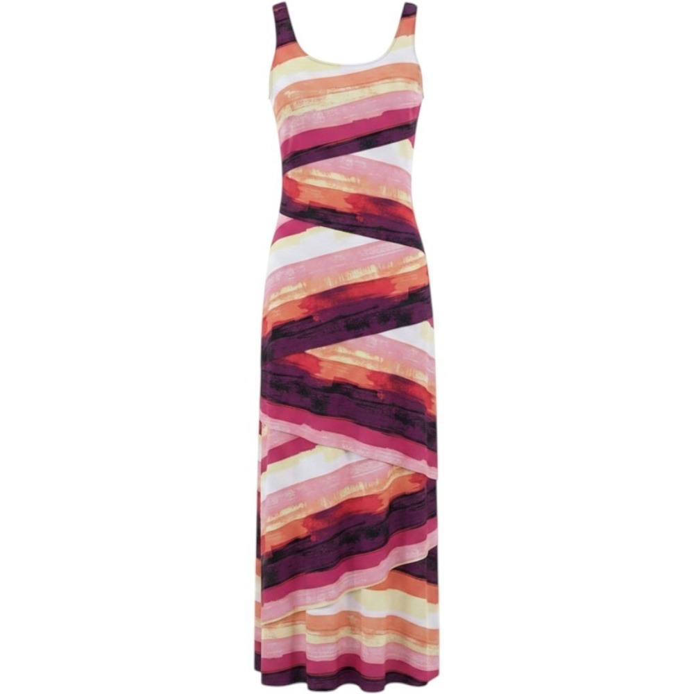 R&M Richards Maxi Dress Womens 14 Abstract Stripe Tiered Pink Orange Purple